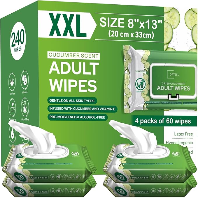 OPTEEL Adult Wipes Extra Large Scented - Skin-Friendly Incontinence Wet Wipes for Adults & Elderly Disposable Washcloths - 8x13" 4 Packs of 60 (240 Wipes)