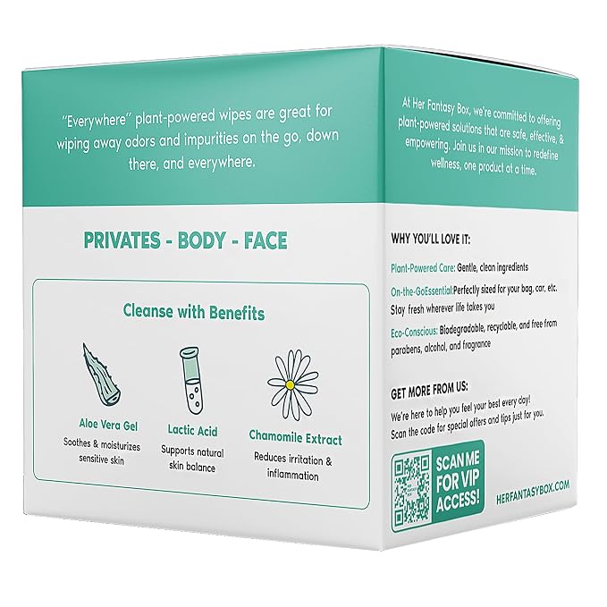 Her Fantasy Box | Everywhere Wipes – 100% Organic Cotton, Gentle & Refreshing, pH-Balanced, Fragrance-Free, Plant-Powered for Body, Face & Intimate Areas, Ideal for Sensitive Skin - 8 Pack, 120 Wipes