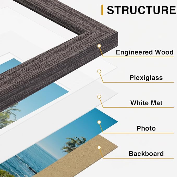 Vittanly 5x7 Picture Frames Set of 9 for Wall & Tabletop Display, Dark Grey | Display Pictures 4x6 with Mat or 5x7 without Mat, Small Photo Frames, Engineered Wood with Shatter Resistant Plexiglass