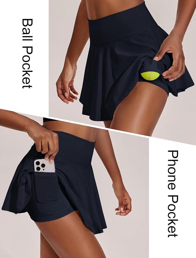 PINSPARK Womens Tennis Skirt 14" Pleated Athletic Golf Skorts with Pockets | High Waist, Tummy Control, Mini, Breathable, Lightweight, Soft, Built in Shorts, Pickleball, Casual