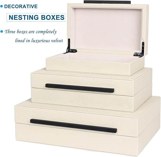 Beige Shagreen Decorative Box Set of 3 - Faux Leather Nesting Storage Boxes with Lids, Large Modern Jewelry Organizer, Stackable Home Decor Box for Bedroom, Bathroom & Office