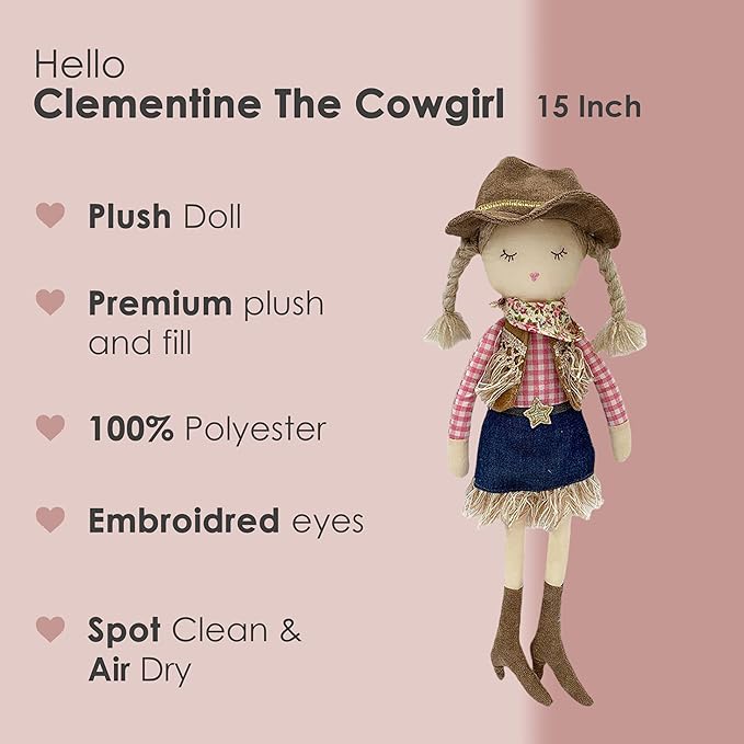 MON AMI Clementine The Cowgirl Doll – 15”, Soft & Elegant Plush Stuffed Doll, Use as Toy or Room Decor, for Kids of All Ages