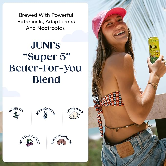 Juni Sparkling Adaptogen Drink with Ashwagandha, Lion’s Mane & Reishi Mushrooms, Green Tea for Focus, Zero Sugar, Strawberry, Watermelon, Lemonade Iced Tea, Variety Pack, 12-pack