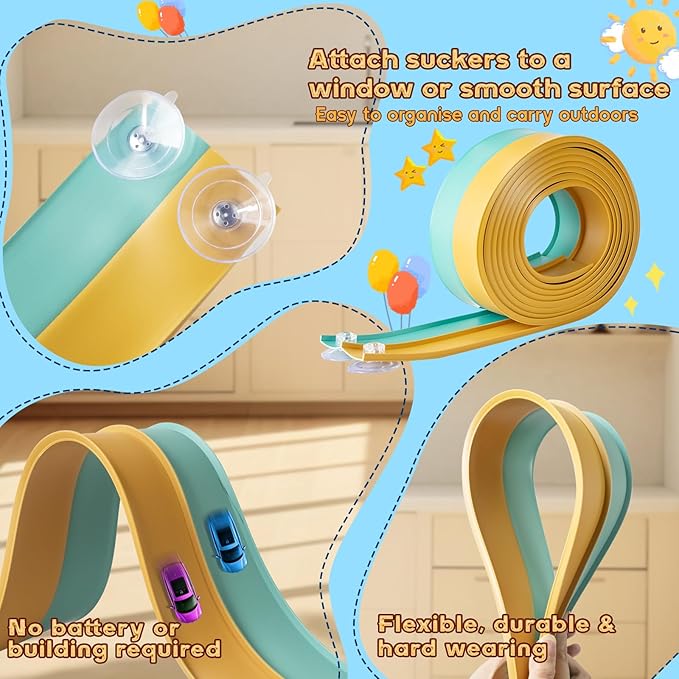 Flex Tracks 15 Ft for Kids Starter Set, Flexible Race Car Ramp Track with Suction Cups Compatible with Hot Wheels and Diecast 1/64th Cars for Ages 3 & Up (Daytona Blue & Yellow)