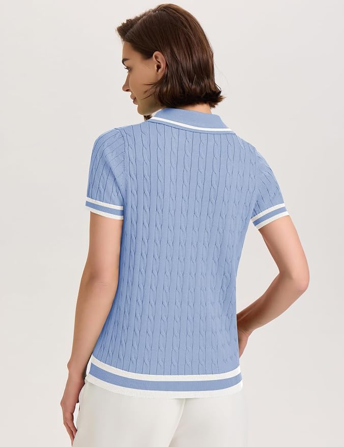 Micoson Womens Short Sleeve Sweater Tops Lapel V Neck Polo Shirts 2026 | Summer Cable Knit Loose Blouses, Business Casual Outfits