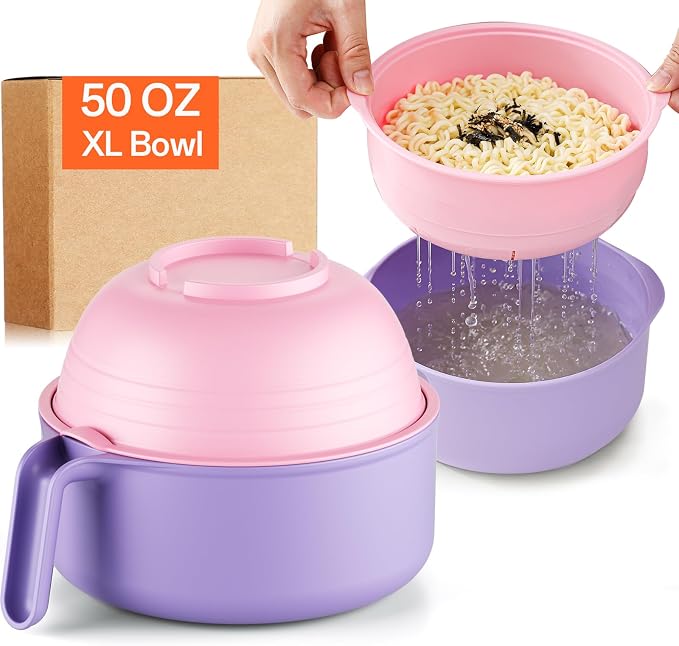 MEACOLIA Jumbo 50 oz Microwave Ramen Cooker Bowl | with Lid & Drain Strainer, Spill-Free, Rapid Noodle Pasta Cooker, College Dorm Essentials for Girls Guys, Apartment Friendly