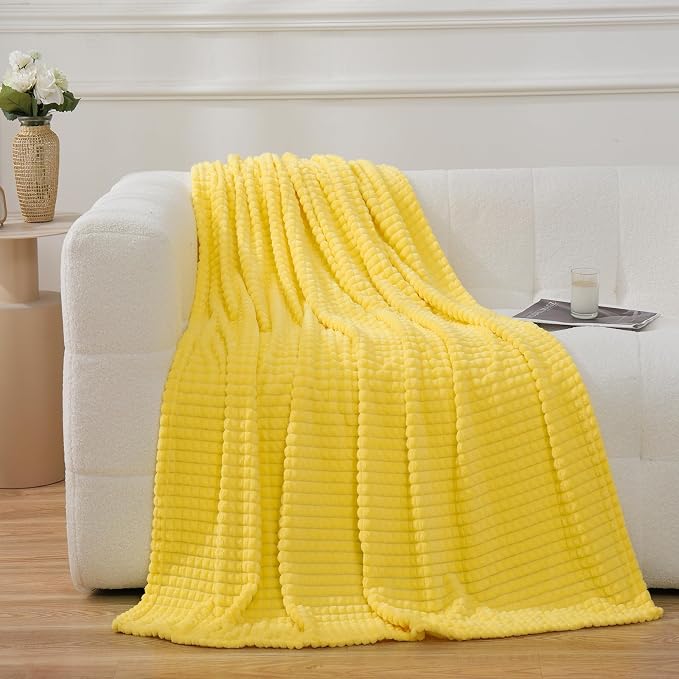 Puncuntex Fleece Throw Blanket Bright Yellow 60"×80"with Square Grid Design | Super Soft Plush Cozy Flannel Throw Blanket Luxury for Couch Sofa Chair