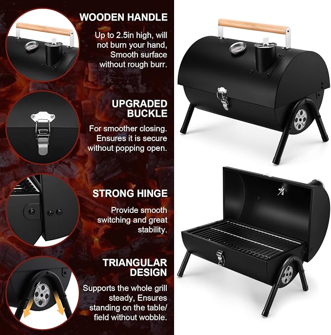 Joyfair Portable Charcoal Grill with Thermometer, Small BBQ Camping Grills | For Outdoor Backyard Party Tabletop Barbecue Cooking, Extra Thick Steel & Heavy Duty, Innovative Design & Easy Assembly