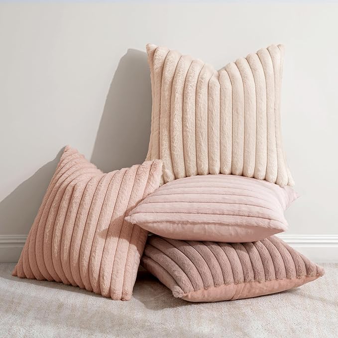 MIULEE Faux Fur Plush Euro Decorative Throw Pillow Covers 24x24, Pink | Set of 4, Striped, Soft Cute Romantic Modern Cozy Home Decor, Cushion Cases for Sofa Couch Bed Living Room