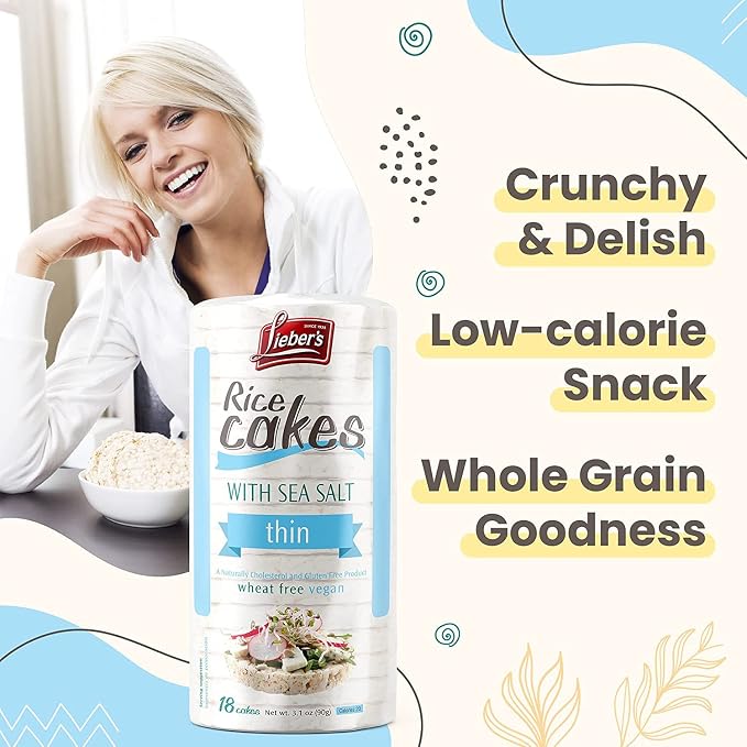 Lieber's Thin Rice Cakes, Sea Salt, Gluten Free, Vegan, 6 Pack | Whole-grain Brown Rice Snack, Kosher Certified, Dairy Free and Wheat Free, Crispy, Crunchy with 60 Calories or Less per Cake