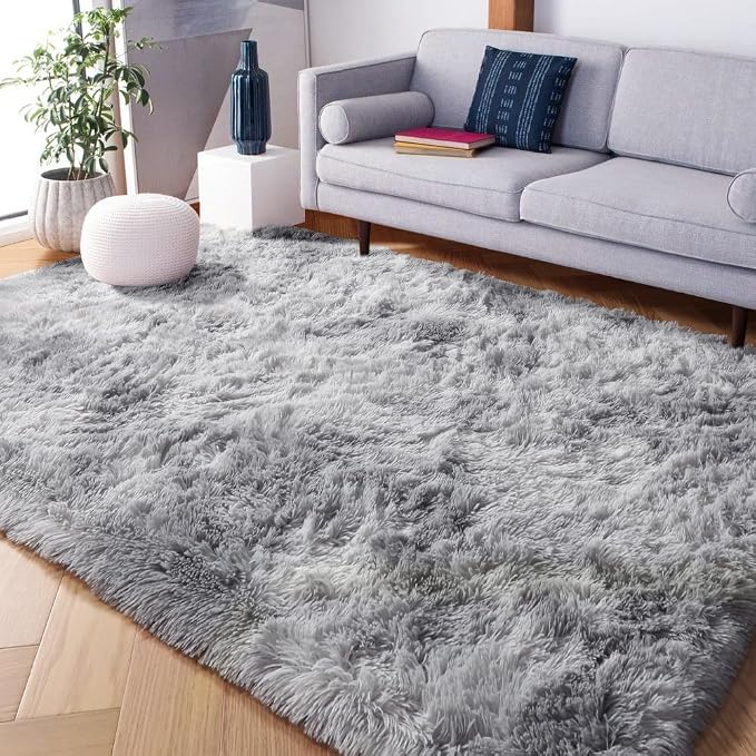PAGISOFE Abstract Shaggy Washable Area Rug 4' x 6' Plush Soft Fluffy Fuzzy Furry Carpet for Living Room, Home Decor Aesthetic Tie-Dyed Light Grey Bedside Rugs, Nursery Grils Boys Kids Room