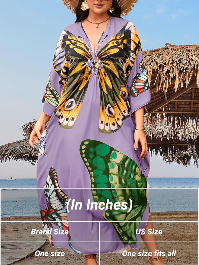 ChiaoLezhee Print Moo-Moos for Women, Kaftan Cover-Up Dresses, Sexy V-Neck High-Slit, Beach Pool-Party Coverups Muumuu Plus