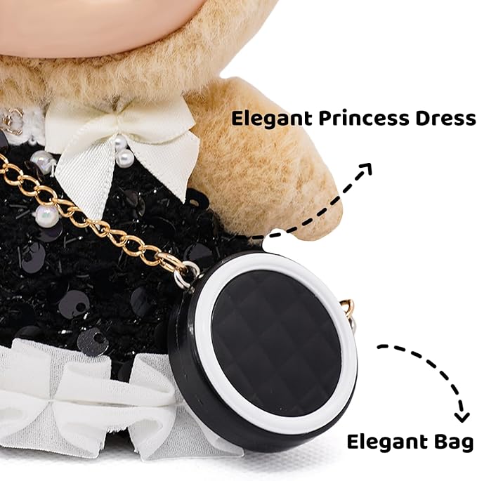 Clothes for 17cm Dolls, Luxury Chic Pearl, Sequin and Bow Decorations Style 3 Piece Set Including Princess Dress, Hat and Bag High-End Outfit - Premium Handmade Accessories for Play & Display - Black