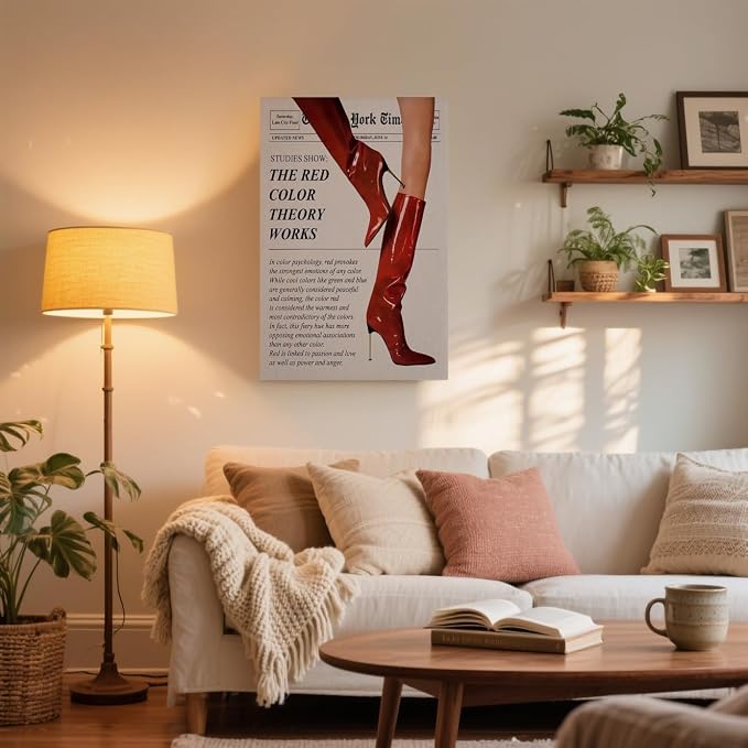 LEKDRA Vintage Color Theory Newspaper Poster Retro Fashion Red Boots Canvas Wall Art Funky Girl Room Decor Feminist Quote Print Wall Decor Aesthetic for Girly Bedroom Home Dorm 16x24inch Unframed