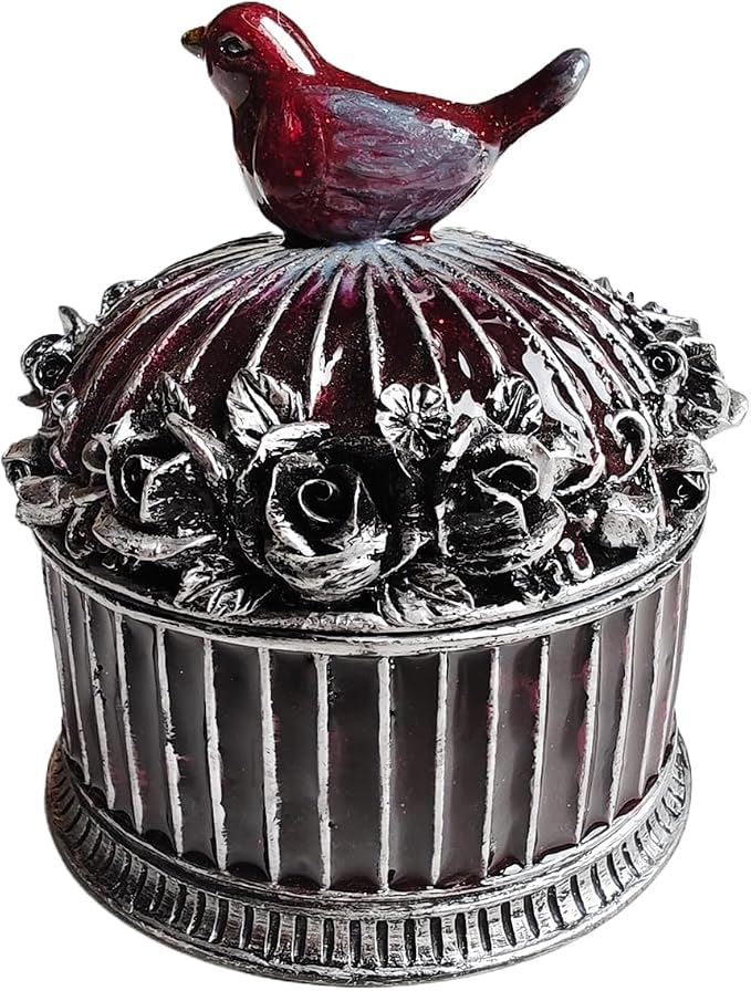 Vintage Birdcage Jewelry Box, Trinket Keepsake Holder with Red Bird & Black Roses, Antique Silver Resin Decorative Storage Container for Rings, Earrings, Vanity & Shelf (bird)