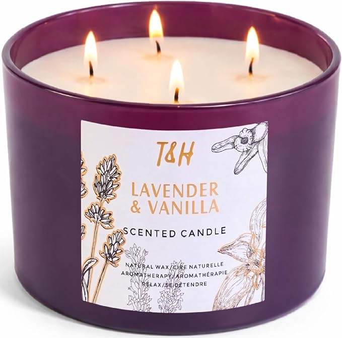Lavender Vanilla Candle | 4 Wick Extra Large Scented Soy Candles 20 oz | Highly Scented Aromatherapy Lavender Candle for Women | Relaxing Stress Relief Home Scent | Long Lasting Clean Burn