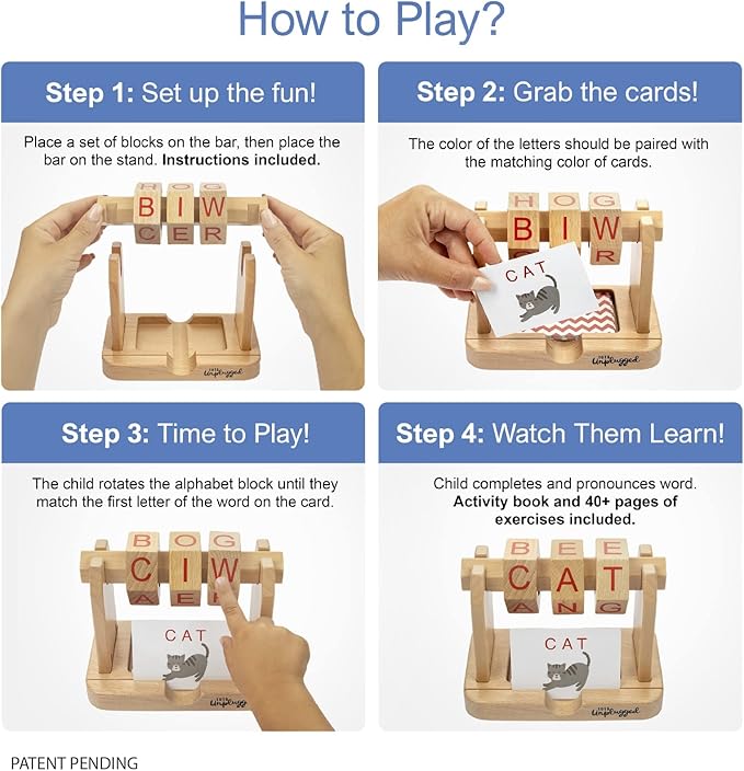 Real Wood Spin and Read Montessori Phonetic Reading Blocks Combines Spelling Blocks with Phonics flashcards for a Frustration Free Spelling for Kids and Beginner CVC Reading