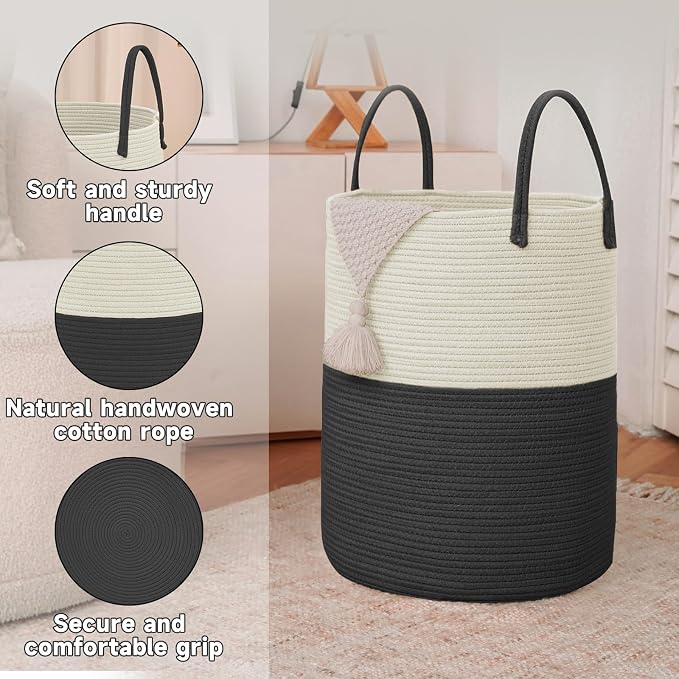 JMvicyroam 100L Cotton Rope Laundry Basket Hamper, White and Black | Collapsible laundry basket, reinforced handles, freestanding, machine washable, holds 3-5 thick blankets, clothes or toys