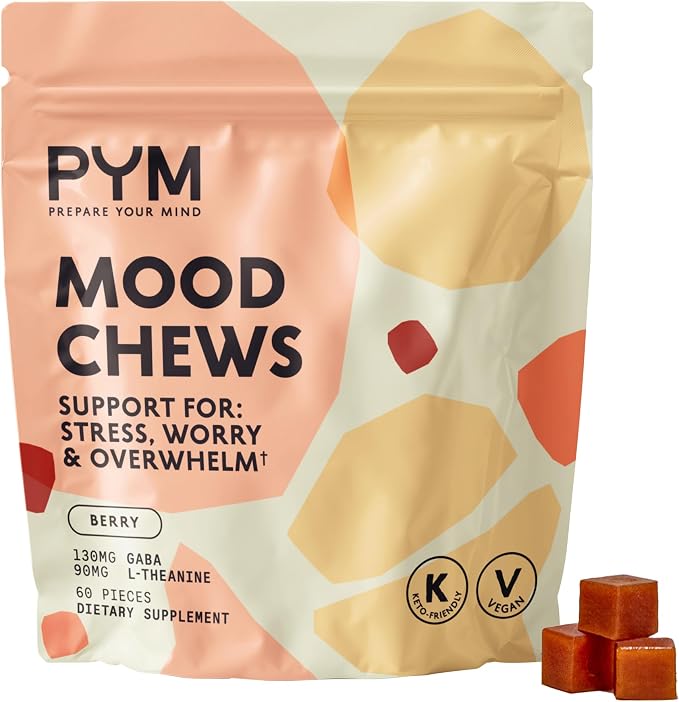 PYM Berry Mood Chews Support for Stress, Worry & Overwhelm, 60 Count | 130mg GABA, 90mg L-Theanine | Vegan,Non-GMO, Gluten-Free,No Added Sugar | All-Natural Mood Support Supplement in Resealable Bag