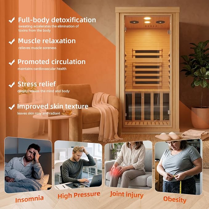 1 Person Infrared Dry Sauna, Canadian Hemlock Wood Indoor Home Spa Sauna Room with Speakers, Tempered Glass Door, 149°F Max, 32.3"x32.3"x61.6"