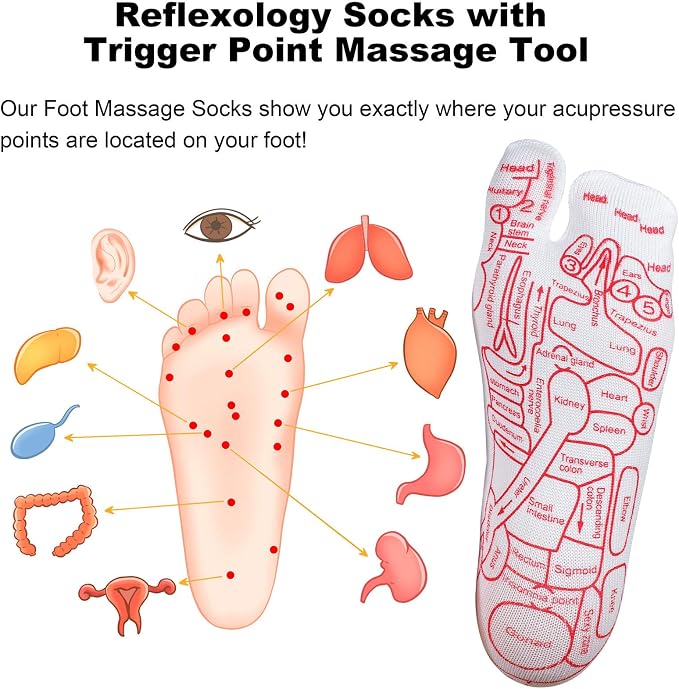Reflexology Socks with Beginner Acupoint Massage Tools Set of 5 - Foot Pain Relief Remedy for Foot Massage Rod for Women and Men Tired Relieve (Man-Big-Red)