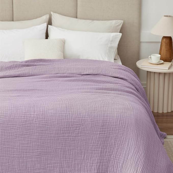 100% Cotton Muslin Blanket Large 50" x 70", 6 Layers Breathable and Lightweight Cotton Throw Blanket for Bed and Couch, Soft Quilt Bedspread, Gauze Blanket for Adults All Season, Lavender