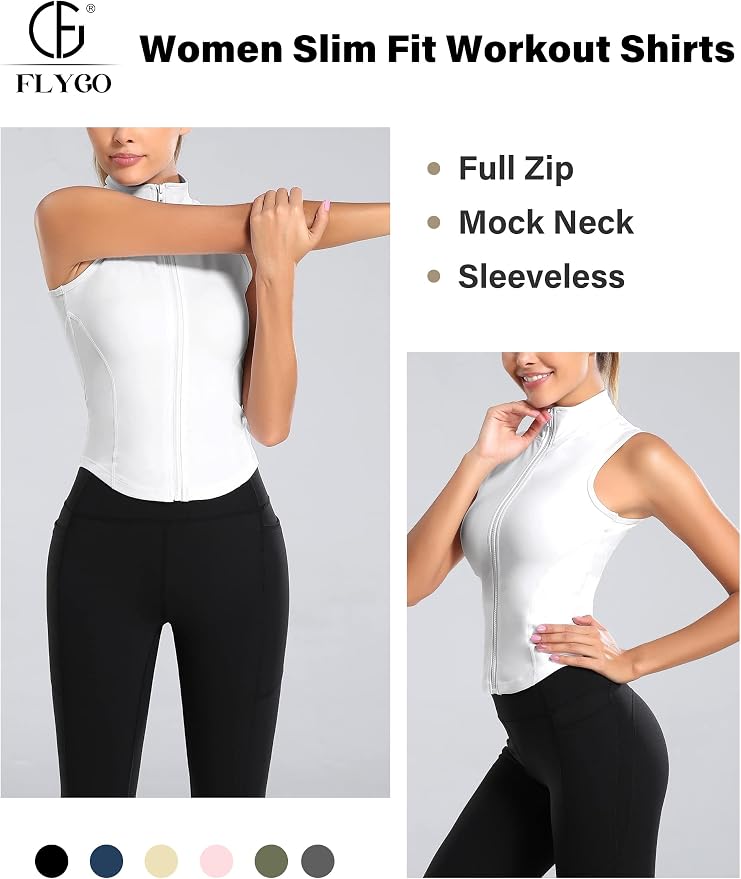 Flygo Women's Full Zip Sleeveless Workout Yoga Active Jacket Vest Golf Shirts
