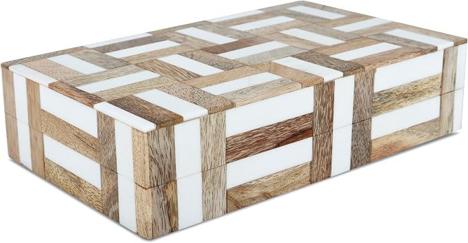 Handicrafts Home White Decorative Storage Box with Lid Wood Remote Control Box Coffee Table Storage Box Remote Holder for Living Room Decor – Resin Inlay Marquet Chase Collection - 8x5x2