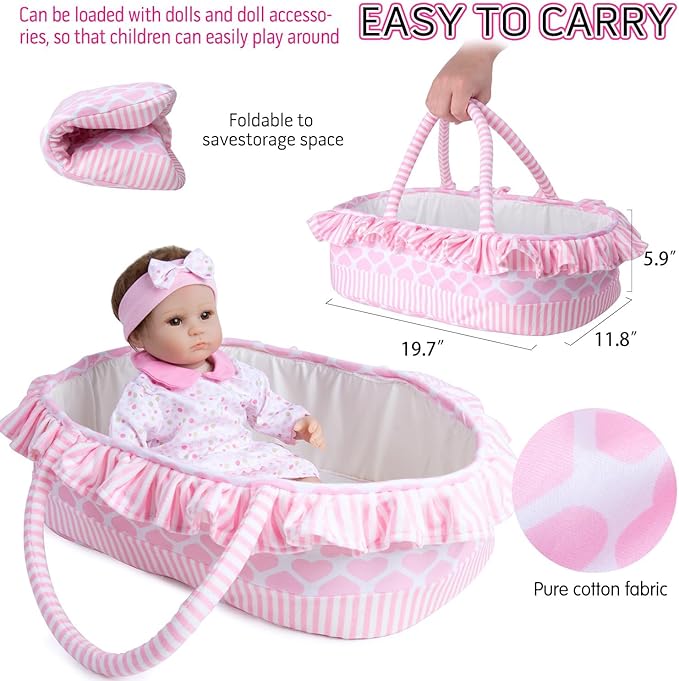 10 Pcs Reborn Baby Doll Clothes Pink Outfit Accessories for 16-18 Inch Reborn Dolls Newborn Baby Girl Clothes Set with Bassinet