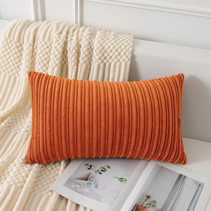 UGASA Fall 14x24 Inch Pillow Cover Pack of 1 Soft Boho Stripe Corduroy Long Rectangle Lumbar Cushion Case Farmhouse Decorative Throw Pilowcase for Bed, Couch, Sofa, Bedroom, Living Room, Dark Orange