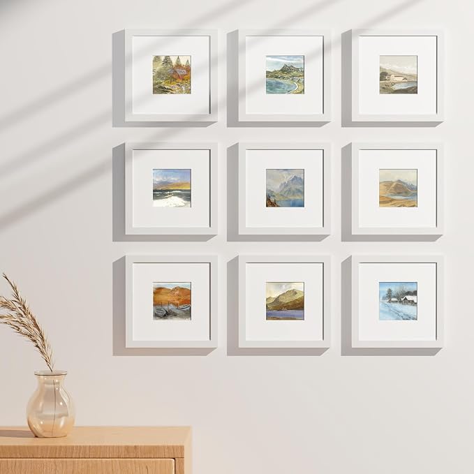 Vittanly 8x8 Picture Frames Set of 9 for Wall or Tabletop Display, White | Display Pictures 4x4 with Mat or 8x8 without Mat for Wall Mounting, Square Photo Frames for Home Decor, Engineered Wood