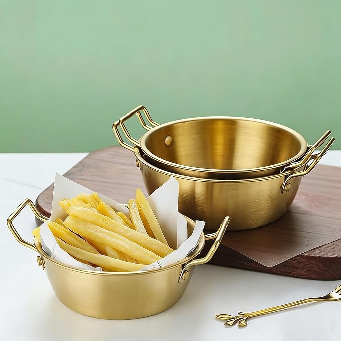 3Pcs Stainless Steel Sauce Dishes with Handles, Korean Golden Dipping Bowls | Small Metal Dipping Bowl, Korean Ramen Bowl, Mini Soup Bowl Stackable Appetizer Plates for Sushi BBQ Appetizer Seasoning