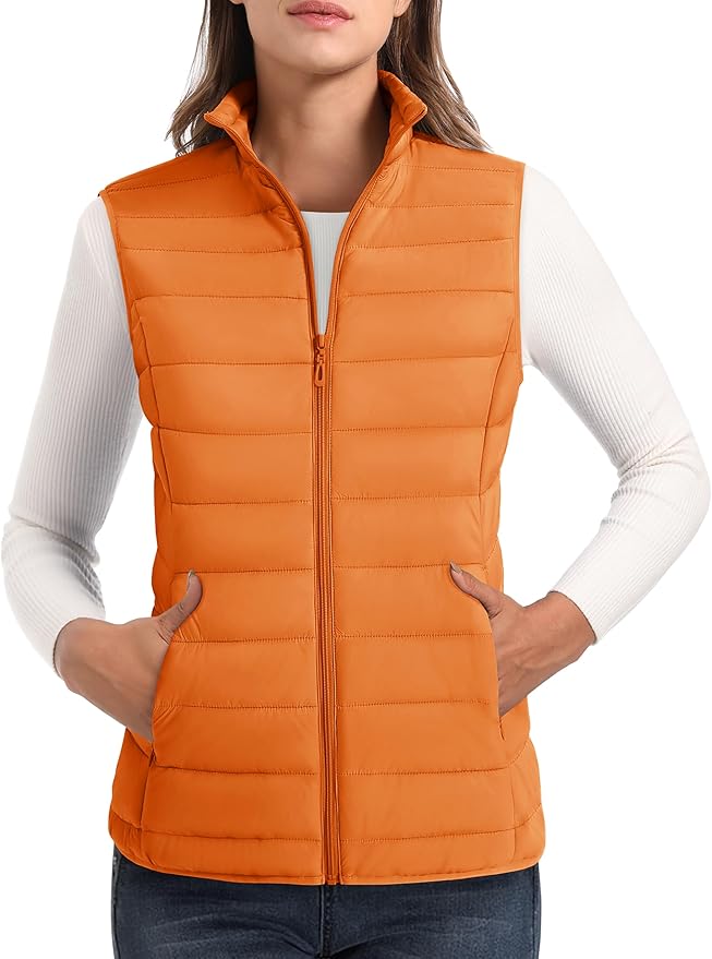 MAGCOMSEN Women's Puffer Vest Lightweight Stand Collar Zip 4 Pockets Puffy Vests Sleeveless Quilted Padded Outerwear