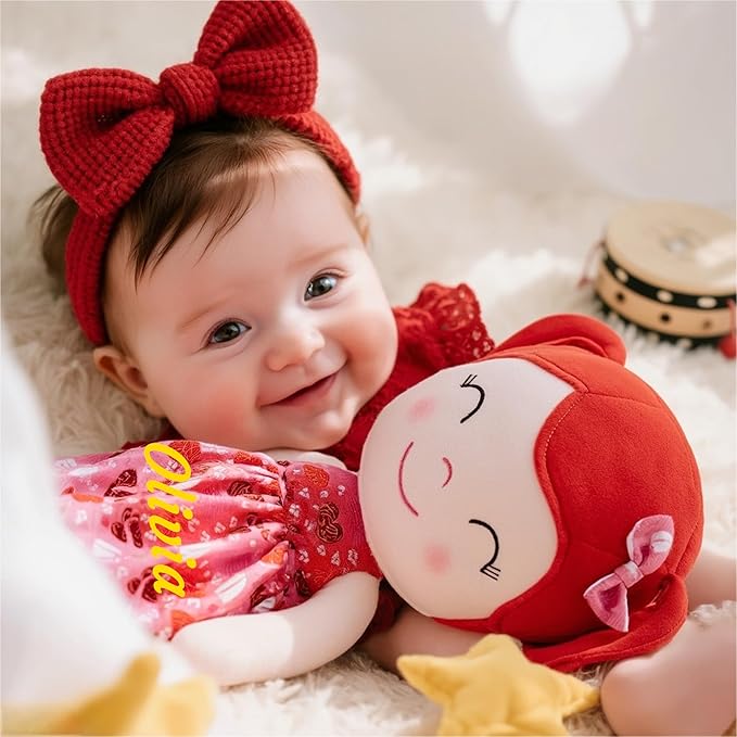 Gloveleya Personalized Name Baby Doll – Custom Red Hair Plush Girl Doll with Heart Dress 12", Unique Gift for Birthday, Baby Shower, Christmas & Holiday Keepsake for Toddlers and Little Girls