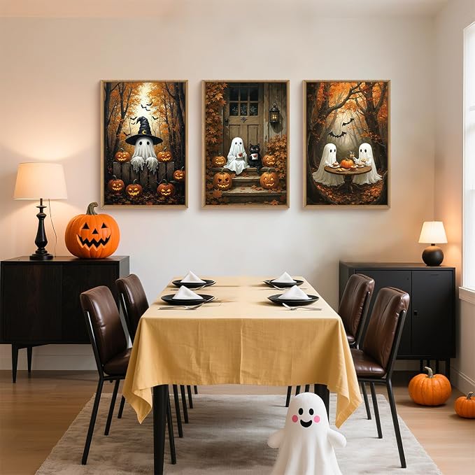 FWIEXA Halloween Cute Ghost Pumpkins Canvas Wall Art Set of 3, Black Cat Framed Painting Artwork, Vintage Witchy Hat Bats Prints, Fall Maple Leaf Decor 24x36 In for Party, Gift, Living Room, Bedroom