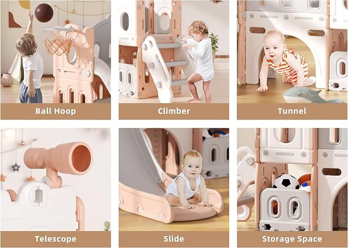 YUFU 8 in 1 Kids Slide for Toddlers Age 1-3, Kids Playset with Basketball Hoop and Ball, Indoor Outdoor Playground