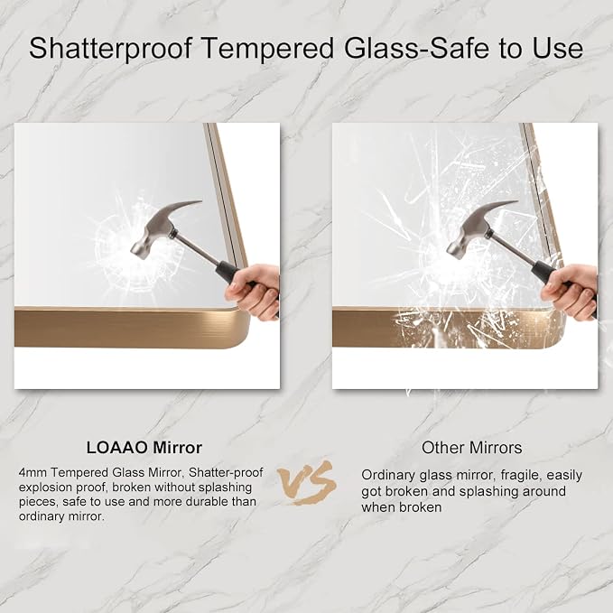 LOAAO 48"X30" Gold Bathroom Mirror | Rounded Rectangle, Brushed Gold Frame, Wall-Mounted, Anti-Rust, Tempered Glass, Hangs Horizontally or Vertically
