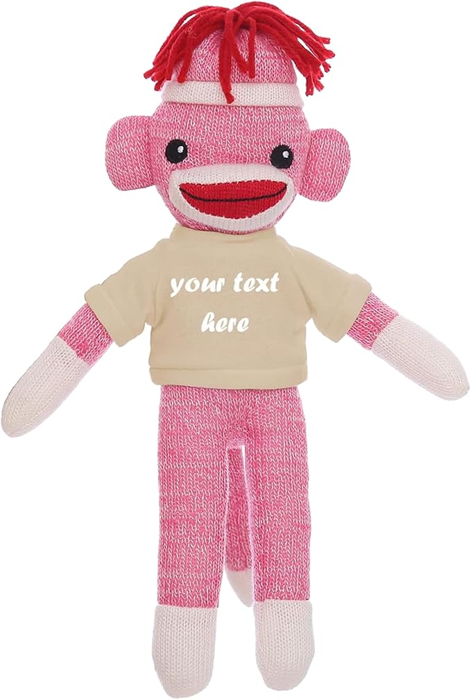 Huggable Pink Sock Monkey 8 Inch, Plush Stuffed Animal Personalized Gift-Custom Text on Shirt-Perfect for Halloween Day, Valentine's Day, Graduation Day, or Birthday Present (Tan)