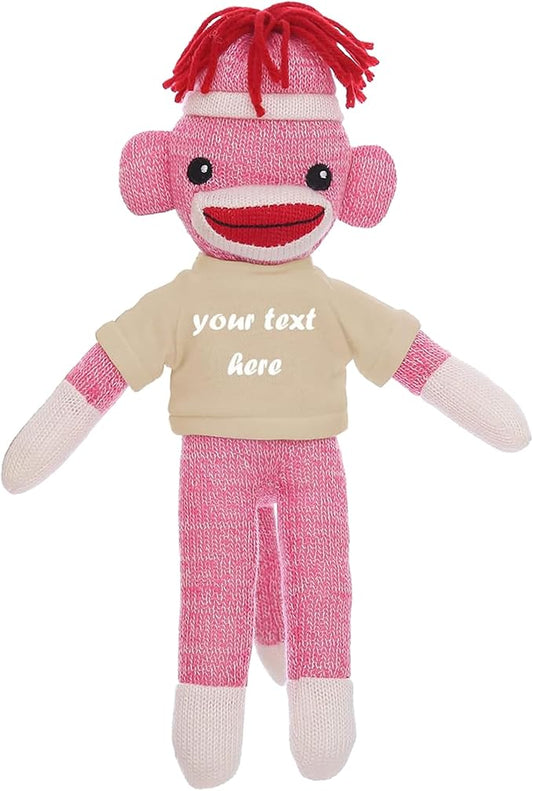 Huggable Pink Sock Monkey 8 Inch, Plush Stuffed Animal Personalized Gift-Custom Text on Shirt-Perfect for Halloween Day, Valentine's Day, Graduation Day, or Birthday Present (Tan)