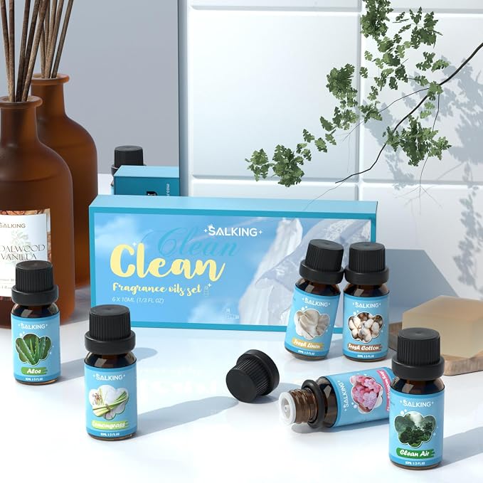 SALKING Clean Fragrance Oils, Premium Essential Oil for Diffuser, Scented Oil Gift Set for Soap Candle Making - Lemongrass, Fresh Cotton, Fresh Linen, Cherry Blossom Soap, Clean Air, Aloe