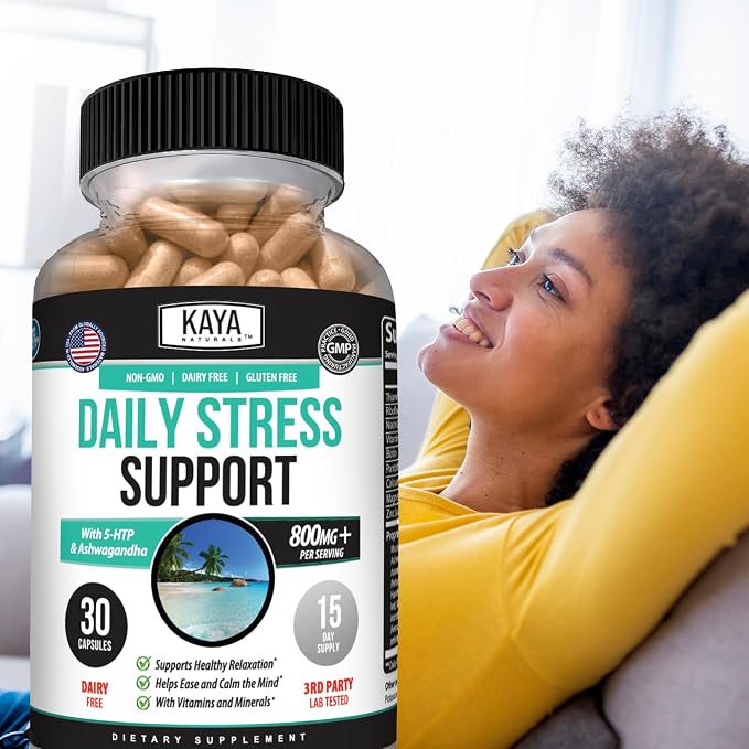 Kaya Naturals - Natural Herbal Stress Relief Support Vitamin Supplement to Relax and Calm the Mind - Boost Mood - Happy Pills - Anxiousness Support - 30 Capsules