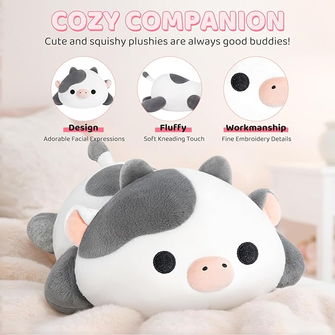 Cute Cow Plush Pillow, Kawaii Plushies White Cow Stuffed Animals, Squishy Plushies, Cuddle Plush Pillow for Kids & Girls (13 Inch)