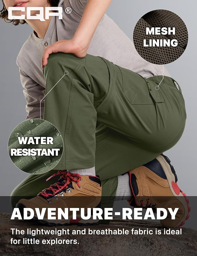 CQR Kids Youth Hiking Cargo Pants, UPF 50+ Quick Dry Convertible Zip Off Pants, Outdoor Camping Pants