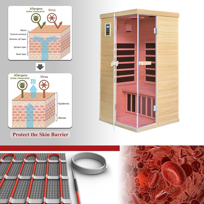 Far Infrared Home 1 Person Indoor Sauna Room 110V/1350W Hemlock Wooden Dry Sauna,Double Opening Tempered Glass Door，Internal and External LCD Controller，Bluetooth Player