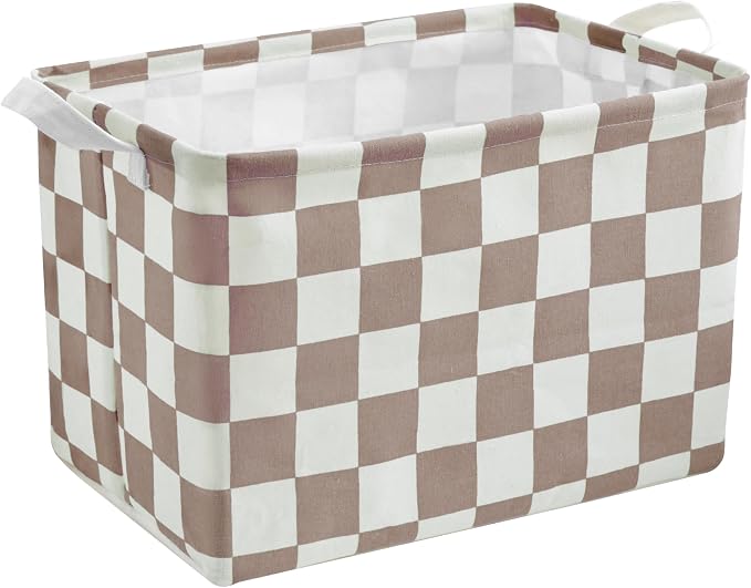 Ohocut Khaki White Checkered Canvas Basket, Rectangular Organizing Decorative Storage Basket for Kids Dog Toy, Cute Aesthetic Checkered Room Decor for Home, Kitchen, Bedroom, Classroom, Shelves