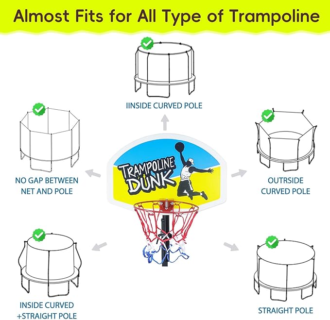 Trampoline Basketball Hoop with 2 Mini Basketball Easy to Install, Upgraded Basketball Hoop for Trampoline Dunk, Fit for Straight and Curved Pole,for Indoor and Outdoor Use