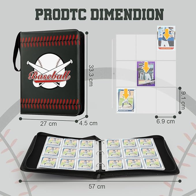 Trading Card Binder with Sleeves 9 Pocket Premium 720 Double Sided Pocket PU Card Collection Binder, Collectible Albums Card Folder for MTG, TCG, Sports Cards（9-Black Baseball）