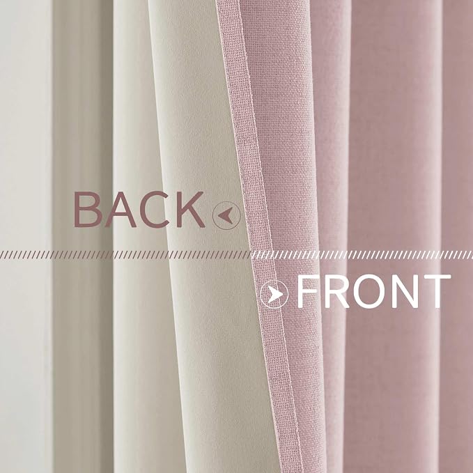 MIULEE Linen Texture Curtains for Bedroom Solid 100% Blackout Thermal Insulated Pink Curtains Grommet Room Darkening Drapes for Living Room 52x96 Inch (2 Panels)
