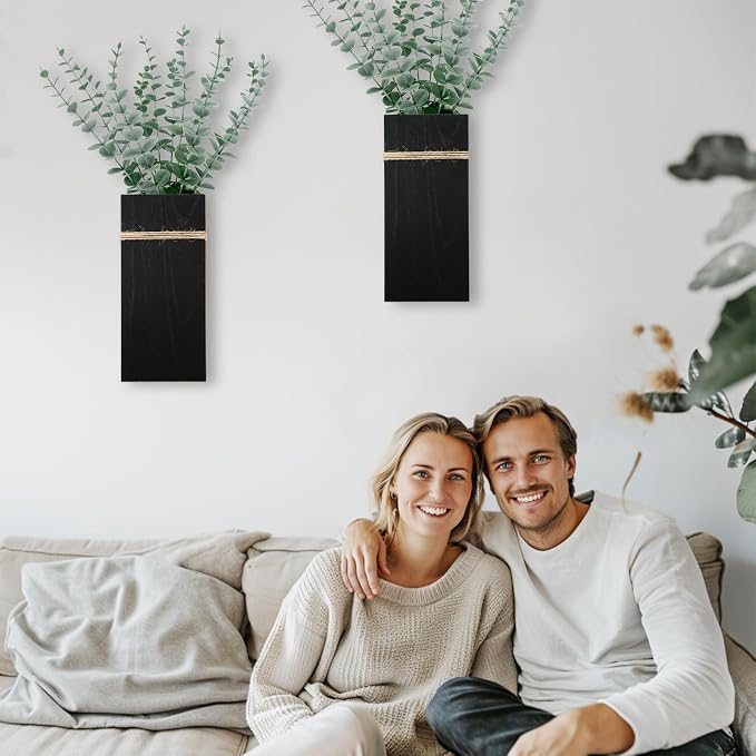 Wall Planters for Indoor Plants-2 Pack Wood Wall Vases for Dried Flowers & Artificial Plants Modern Farmhouse Wooden Vase for Living Room Bedroom Kitchen Decorations - Black Large