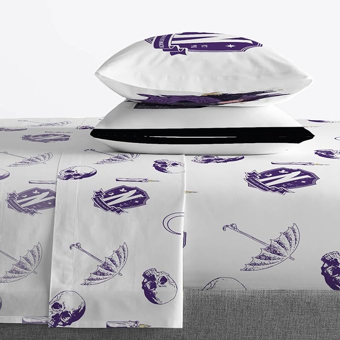 Jay Franco Wednesday Addams Full Comforter Set - 7 Piece Bedding Includes Sheet Set & Pillow Covers - Black and Grey Stripes Super Soft Kids Bedding